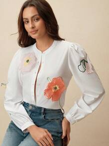 Anewsta Blusa de manga larga de cuello redondo, estilo casual suelto, con diseño de flores 3D bordadas, estilo resort de primavera/verano