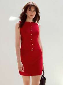 MOTF PREMIUM 纯金属细节修身无袖针织上衣和裙子毛衣套装 - 紅色 - 查看 6