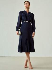 MOTF PREMIUM VESTIDO LARGO CON VOLANTES DE TEXTURA SÓLIDA DE BORDADO Y MALLA, BAJO DE COLA DE SIRENA