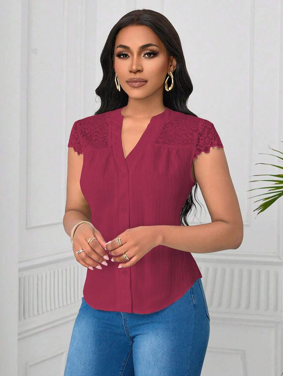 SHEIN Unity Áo cánh tay ngắn ren chắp vá sóng thanh lịch cho nữ - Màu Đỏ Sâu - Xem 1