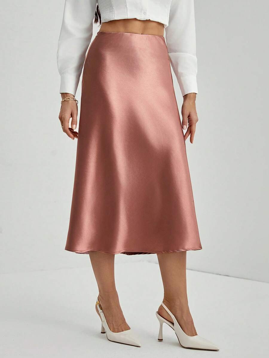 SHEIN Tall Women's Solid Color Zipper Closure Elegant A-Line Skirt, Summer - Dusty Pink - View 1