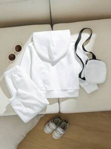 SHEIN 3pcs/Set Baby Boy Toddler/Newborn 0-3Y Casual Outdoor Sports Hooded Sweatshirt + Sling Bag + Pants Outfit, White Versatile Baby Clothing