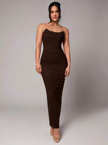 Silquee Robe de cocktail froncée rouge vif, sexy et romantique, pour la Saint-Valentin, les rendez-vous, les fêtes. Robe de cérémonie, robe de demoiselle d'honneur, robe de bal, robe de tous les jours pour le travail, robe rouge, robe d'anniversaire, tenue de vacances - Marron - Voir 5