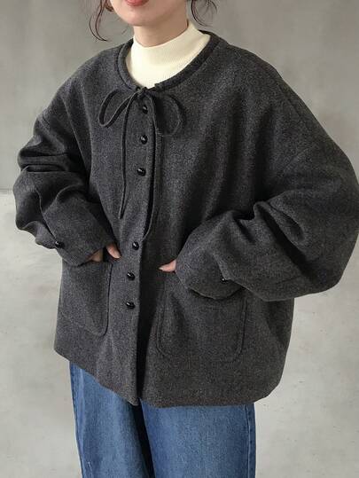 FRIFUL Women's Drawstring Bowknot Loose Solid Color Wool Blend Jacket, Autumn/Winter