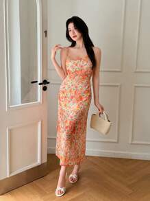 SHEIN LUNE Váy xẻ tà hở lưng in hoa cho nữ, buộc dây, viền bèo nhún (Cắt ngẫu nhiên) - Nhiều màu - Xem 4