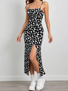 Women's Black Ditsy Floral Side Slit Adjustable Spaghetti Strap Dress - Multicolor - View 3