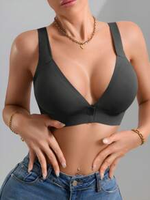 SHEIN 休闲舒适无缝纯色无衬里深 V 前扣带衬垫文胸，性感宽肩带，女士上托