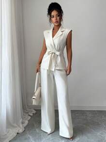 INAWLY Women Summer Casual Commute Versatile Solid Lapel Collar Self-Tie Belt Sleeveless Shirt And Loose Wide Leg Pants Set