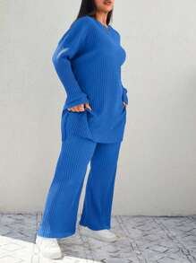 EURMUSE Set de 2 piezas talla grande con top y pantalones acanalados unicolor informal - Azul - Ver 5