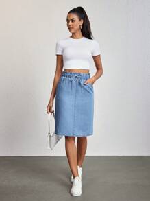 SHEIN Tall 女式简约休闲纯色抽绳口袋牛仔迷你裙