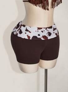 SHEIN ICON Shorts mini súper cortos con cintura plegable de talla grande con estampado de vaca, estilo bohemio nómada, apropiados para el verano