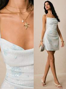 Poéselle 女士花卉亮片垂坠领吊带裙 - 藍色 - 查看 1