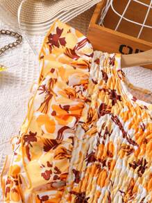 2pcs Girls Graphic Print Top And Color Block Skirt Set - Yellow - View 4