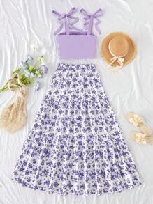 女士两件套：紫色系带背心 + 碎花休闲中裙，合身舒适，优雅可爱，母女搭配 - 彩色 - 查看 2