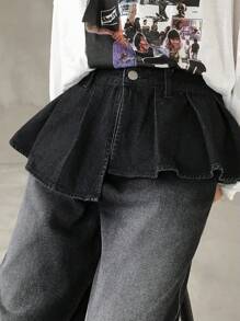 FRIFUL 女式休闲水洗牛仔荷叶边二合一牛仔裤 - 黑色 - 查看 1