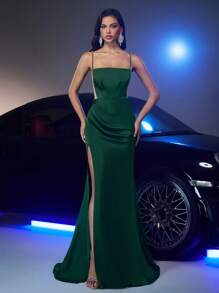 Glamrae Elegant Luxurious Dark Green Satin Handmade Rhinestone Strap Cutout Sheer Side Triangle Bodycon High Slit Fishtail Maxi Dress With Train For Formal Evening Gowns - Dark Green - View 6
