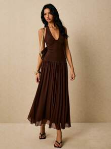 Poéselle Women's Sleeveless Backless Dress,  Flowy Dress,Sun Dress,Casual Dresses For Woman,Business Casual Woman,Old Money,Elegant  Women,Summer/Fall - Brown - View 4