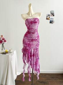 Soleia 浪漫花卉网状荷叶边抹胸连衣裙，适合节日、约会、情人节下午茶 - 彩色 - 查看 3