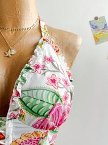 Soleia Plus Size Women Retro Floral Print Frill Halter Neck Tie Front Casual Summer Dress, Romantic, Graduation Season, Wedding Season, Back To School, Cute Lunch, Summer Travel