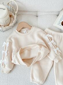 SHEIN LMoss Kids Conjunto de moletom manga comprida com laço de damasco e calça comprida com cós elástico para bebê, outono/inverno