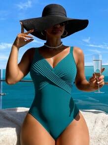 Swim Vcay 1pc Striped Special Fabric Crossed Chest One-Piece Swimsuit For Summer Beach Vacation - Dark Green - View 3