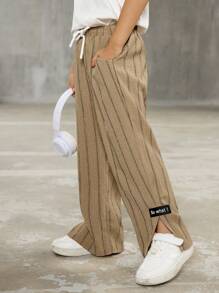 Kids Boys' Casual Striped Pattern Straight Leg Loose Fit Applique Cargo Pants, Versatile For School, Commute, Daily Wear, Vacation, Sports, Suitable For Spring/Summer - Khaki - View 5