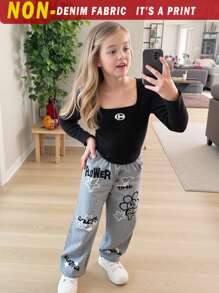 SHEIN Leap Crew 2件套年轻女孩 Nova 发光时尚休闲紧身不规则下摆 U 领长袖水钻装饰 T 恤上衣和牛仔效果裤套装