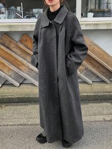 FRIFUL Women's Regular Collar Loose Solid Color Extra Long Overcoat, Autumn/Winter Jacket - Dark Grey - View 6