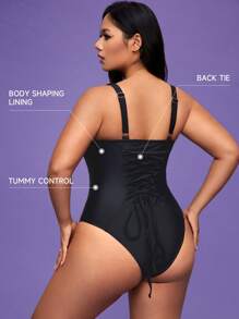 SHEIN Swim Curve 1pc Plus Size Shaping Swimsuit With Drawstring For Summer Beach Vacation - Black - View 10
