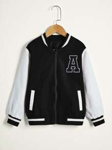SHEIN Boys Letter Patched Striped Trim Bomber Jacket - Black and White - View 1