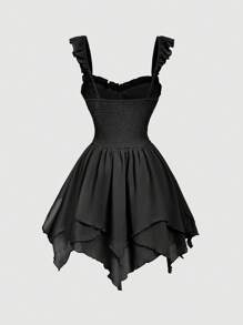 SHEIN MOD 黑色梦幻浪漫优雅连衣裙，层叠荷叶边装饰，金鱼下摆，不对称下摆，双层裙摆，适合约会、派对、节日、下午茶、生日 - 黑色 - 查看 2