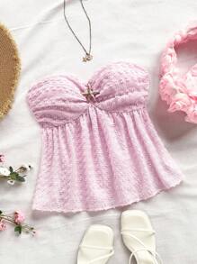 Soleia Áo Bandeau dệt kim màu be nhạt họa tiết cắt laser cho kỳ nghỉ của phụ nữ có phần ngực nhún bèo, trang trí nút hình sao biển, áo cánh chữ A bó sát hở lưng xếp nếp cho tiệc tùng, hẹn hò ngày lễ tình nhân, bãi biển - Hồng - Xem 1