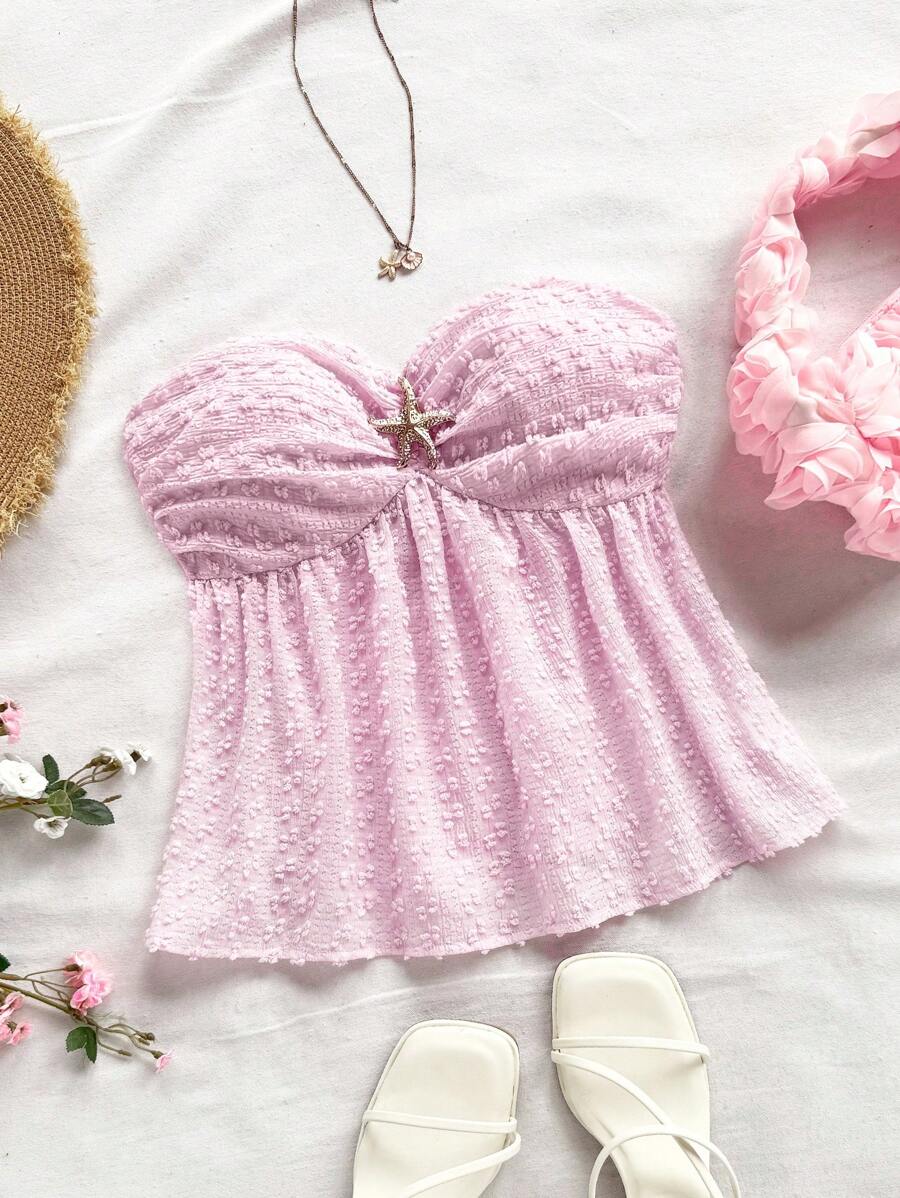 Soleia Áo Bandeau dệt kim màu be nhạt họa tiết cắt laser cho kỳ nghỉ của phụ nữ có phần ngực nhún bèo, trang trí nút hình sao biển, áo cánh chữ A bó sát hở lưng xếp nếp cho tiệc tùng, hẹn hò ngày lễ tình nhân, bãi biển - Hồng - Xem 1
