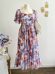 Soleia Đầm Maxi Tay Ngắn In Hoa Voan Cổ Vuông Xếp Ly Ngực Xếp Ly Cỡ Lớn Cho Nữ, Mùa Xuân, Ngày Lễ Tình Nhân, Kỳ Nghỉ - Nhiều màu - Xem 7