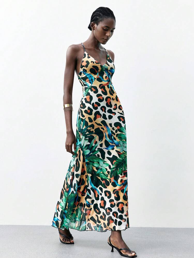 SHEIN Maija 2025 Autumn/Winter New Tropical Rainforest Leopard Print Animal Pattern Chiffon Maxi Dress, Fashion Casual Elegant Versatile For Business, Party, Beach, Wedding Guest, Brunch, Streetwear, Airport, Back To School, Y2K Vintage Style,Autumn Outfits For Women