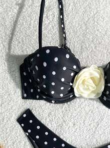 Bonvoyette Top à armatures et bas de maillot de bain à imprimé pois aléatoires avec décorations florales et bretelles ajustables. Ensemble de maillot de bain pour femmes pour l'été et les vacances à la plage