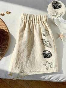 Comfortcana Quần short lưng thun in họa tiết vỏ sò thoải mái cho nữ - trắng - Xem 4