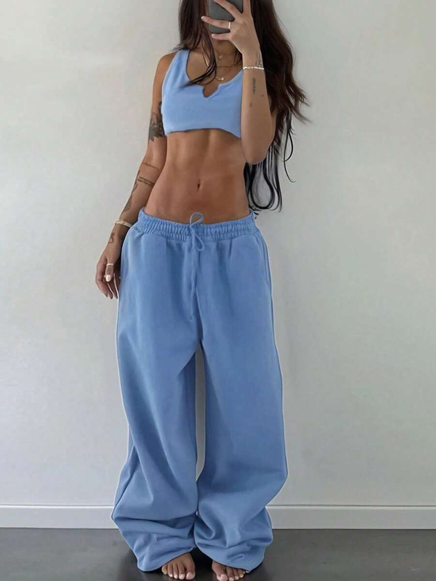 INAWLY 2 pezzi/set top corto senza maniche a scollo a V e pantaloni della tuta per donna, colore unito