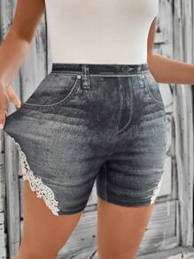 SHEIN Clasi Pantalones cortos de ciclista informales de talla grande para mujer con estampado de encaje falso de mezclilla, para verano