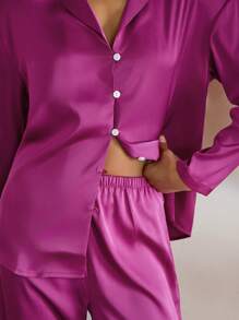Ocili Leisure Women's Satin Smooth Comfortable Loose Long Sleeve And Pants Pajama Set - Hot Pink - View 4