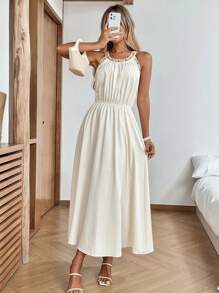 SHEIN LUNE Casual Women Sleeveless Dress With Halter Summer Dresses For Women Casual Dresses For Woman Flowy Dress Summer Dresses For Vacation Western Dress Going Out Dress Vacation Outfits Woman Vacation Outfits Women Women Summer Clothes Halter Dress Flowy Dress Cruise Outfits Women Country Outfits Women Dresses For Women Party Vacation Outfits Boho Clothes Women Resort Wear Women - Apricot - View 4
