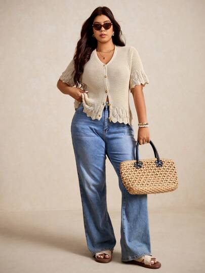 Elaquor Plus Size Women Casual Vacation Style Simple Solid V-Neck Shell Trim Single-Breasted Cardigan Sweater Summer Spring