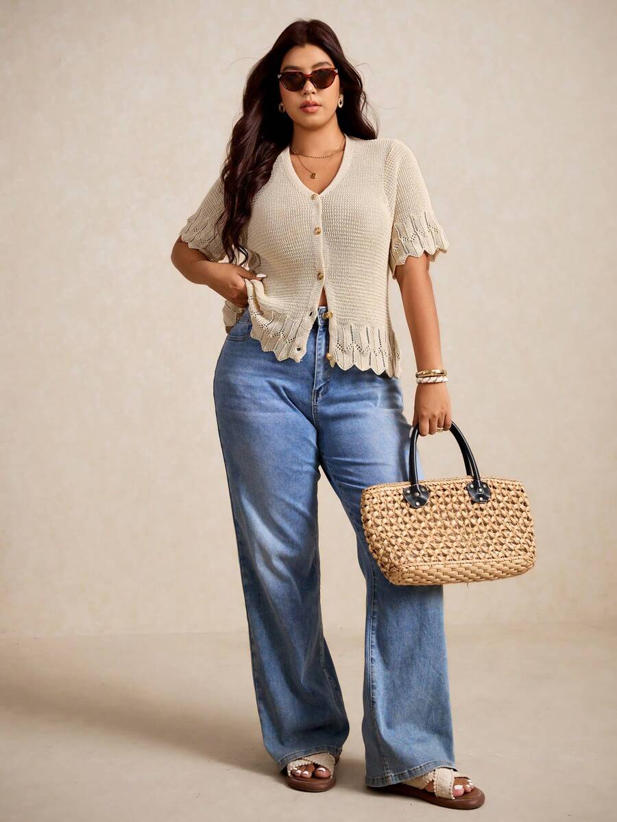 Elaquor Plus Size Women Casual Vacation Style Simple Solid V-Neck Shell Trim Single-Breasted Cardigan Sweater Summer Spring - Apricot - View 1