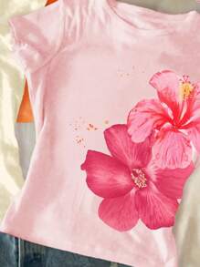 SHEIN 3 件套 Chill Vacation，Vacay Vibes 热带花卉芙蓉和鸡蛋花图案短款上衣，适合少女，休闲圆领短袖高腰夏季上衣，多巴胺配色方案：奶油黄、亮粉色、亮橙色 - 彩色 - 查看 4