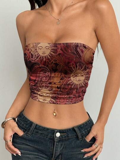 SHEIN EZwear Casual Minimalist Sunflower Gathering Waist Tube Top Versatile Crop Top, Suitable For Summer Suitable For Going Out