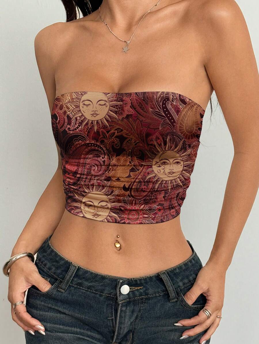 SHEIN EZwear Áo crop top ống cạp hoa hướng dương tối giản giản dị, đa năng, thích hợp cho mùa hè - Nhiều màu - Xem 1