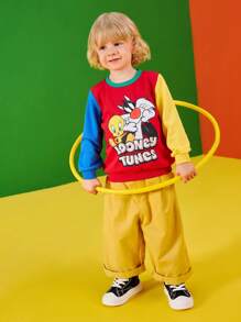 LOONEY TUNES X SHEIN Sudadera de cuello redondo de manga larga con bloqueo de color y estampado de dibujos animados para niño pequeño - Multicolor - Ver 4