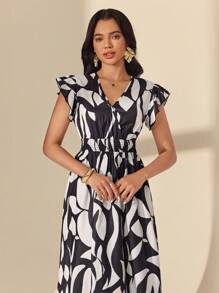 Chiquease Damen elegantes Kleid mit geometrischem Muster in Länge - Schwarz und Weiss - Übersicht 4