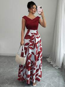 Elenzga Đầm dự tiệc thường ngày in họa tiết khối màu xanh cho nữ cổ chữ V xòe eo - Màu Đỏ Sâu - Xem 5