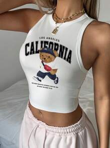 SHEIN EZwear 女士休闲简约圆领紧身背心，适合夏季穿着，饰有小熊图案 - 彩色 - 查看 5